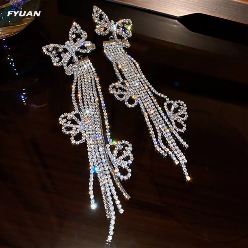Butterfly Fringe Shoulder Length Rhinestone Chandelier Event Earrings - Picture 5 of 6
